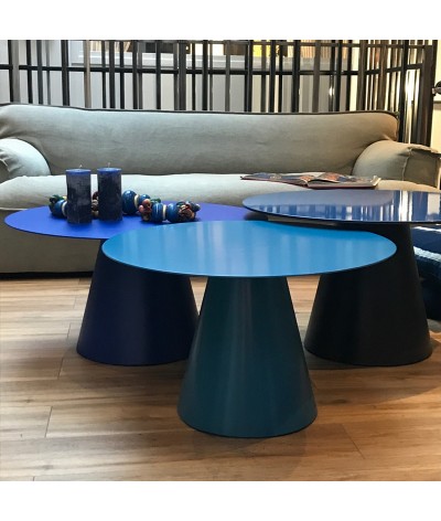 trios de tables basses rondes en métal bleu azur, Majorelle et marine