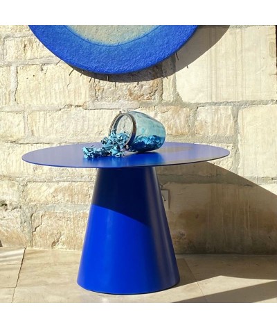 table basse ronde en métal bleu klein